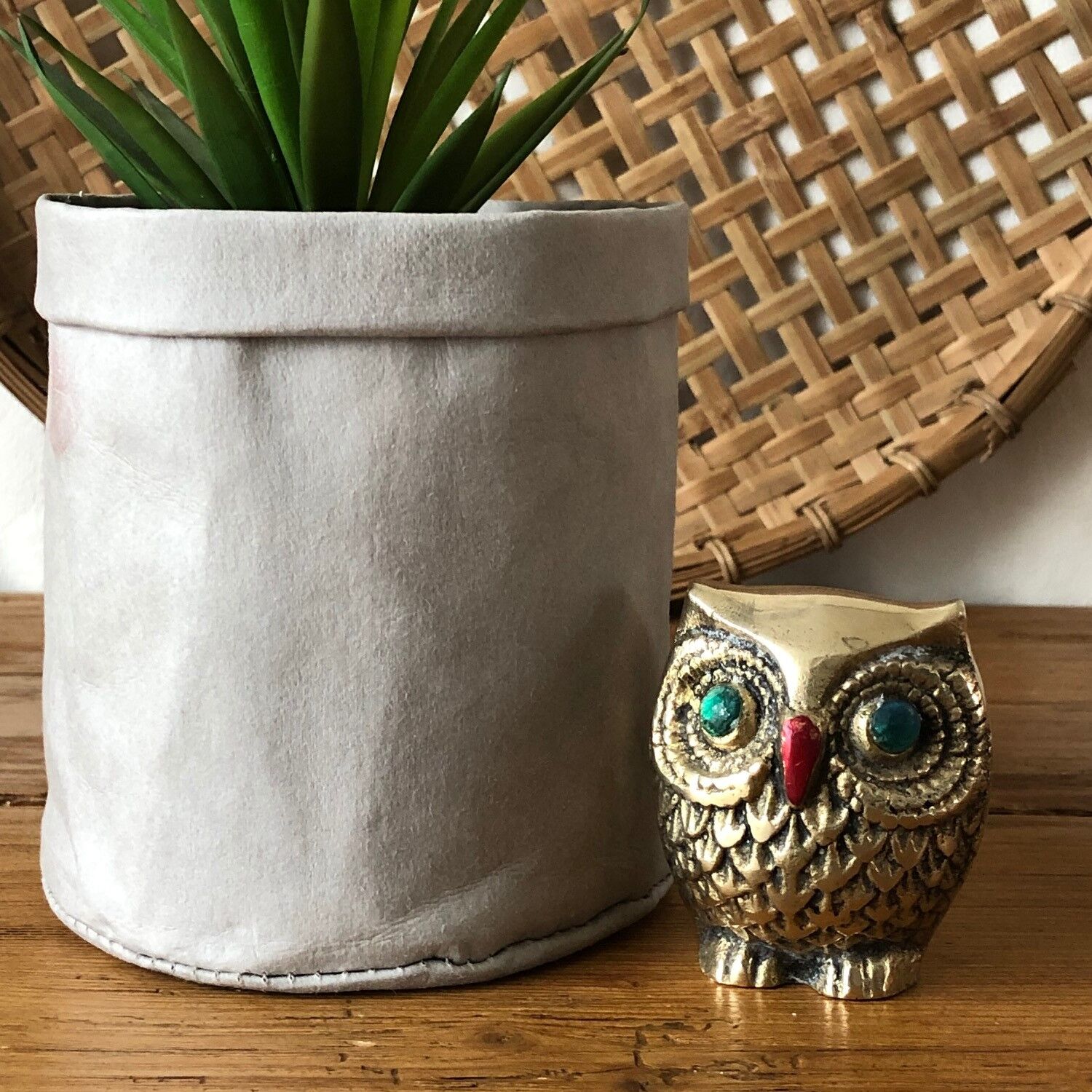 Owl vintage brass green eyes