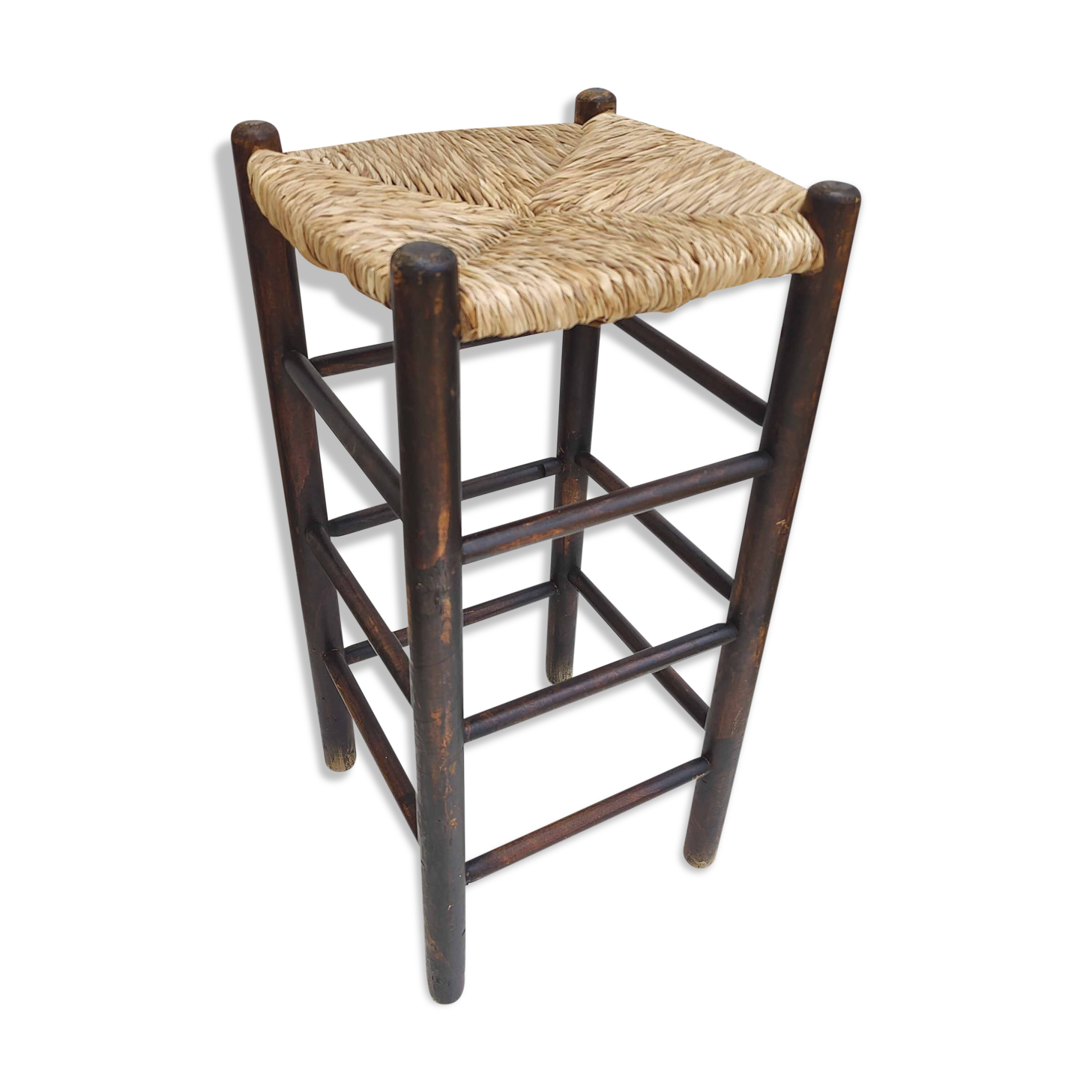 Blackened wooden bar top stool with mulched seat
