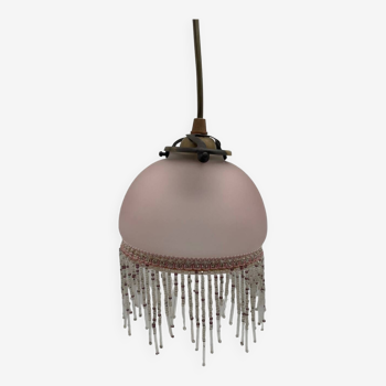 Pink frosted glass pendant with beaded fringe