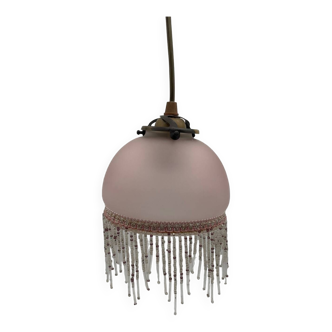 Pink frosted glass pendant with beaded fringe