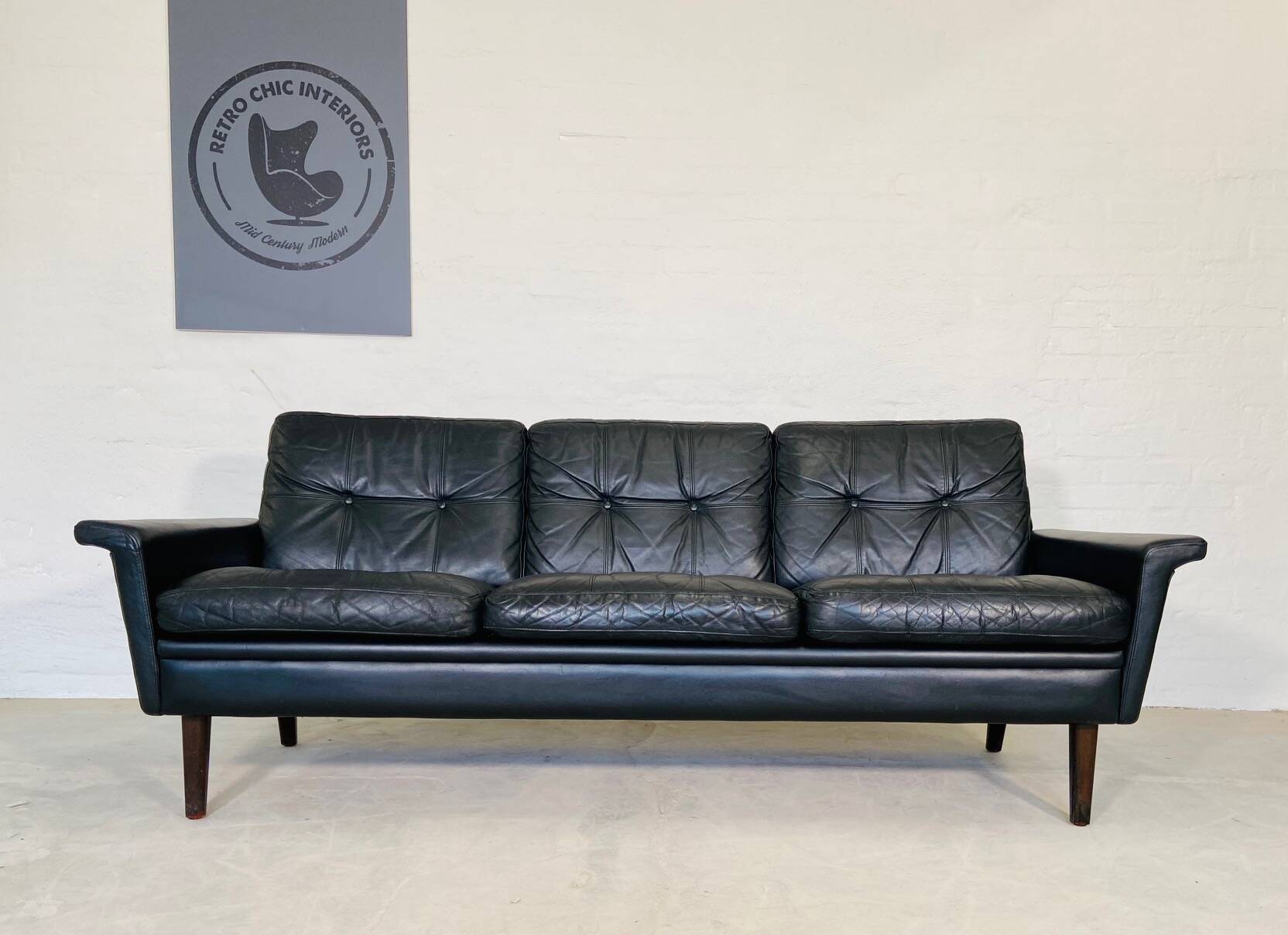 Vintage danish retro nili stoppmøbler 3 person sofa in black leather 1960s