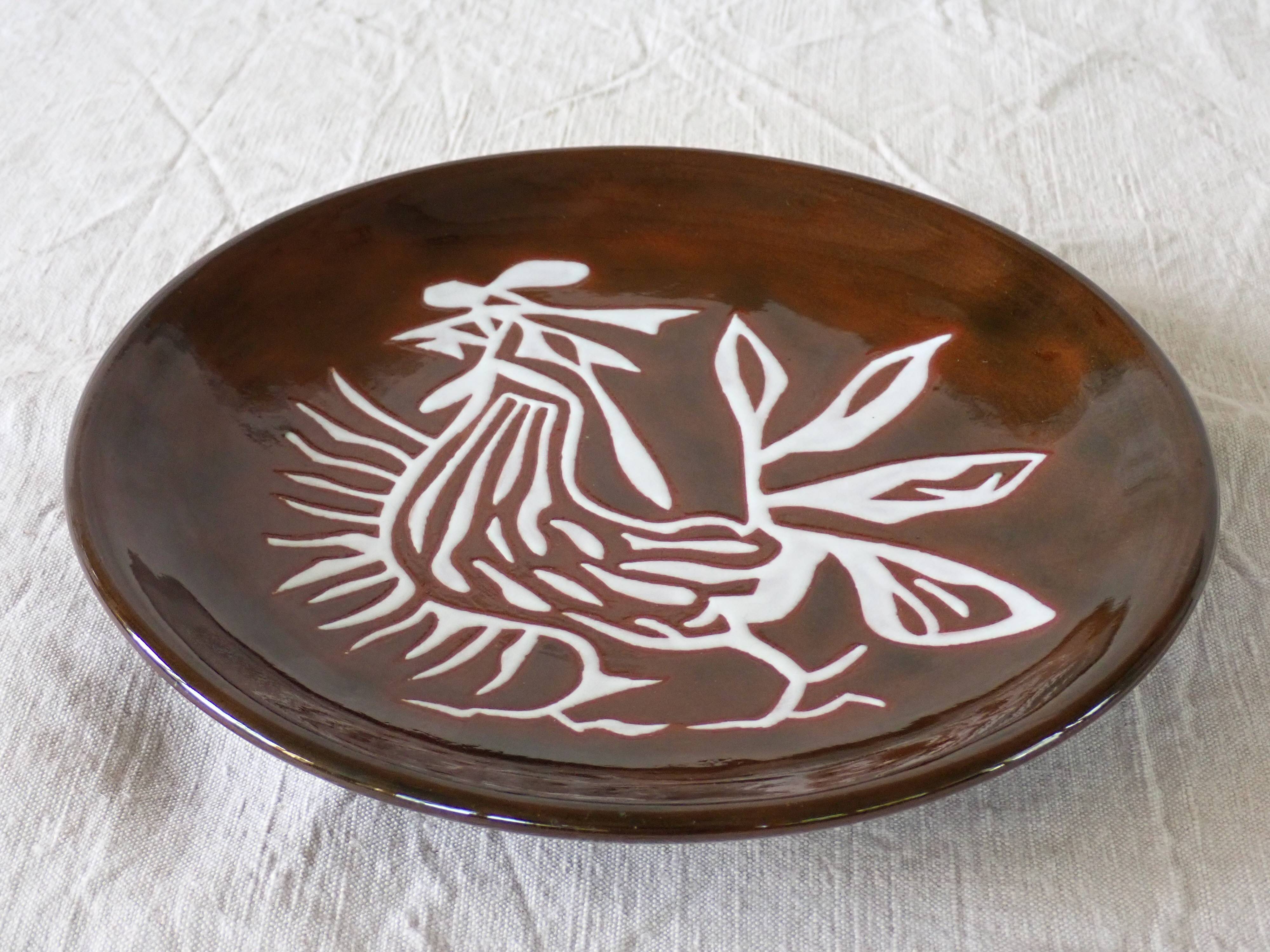 Jean Lurçat plate in brown glazed ceramic decorated with a rooster