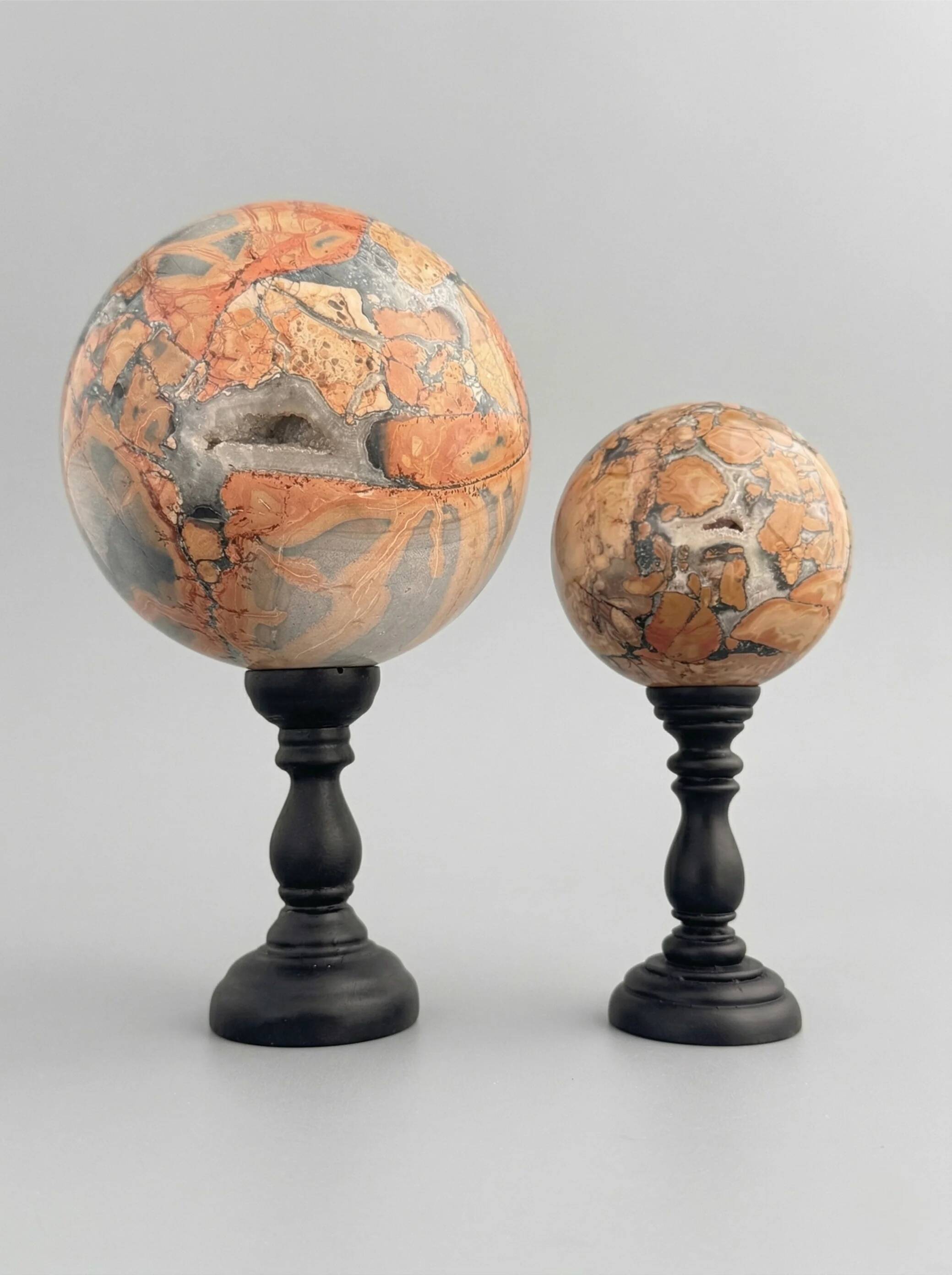 Stunning red Maligano jasper spheres on bases — Decorative mineral duo