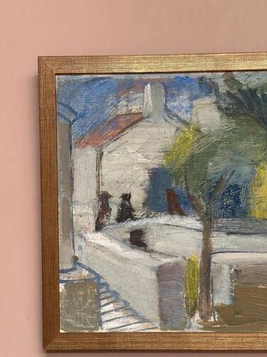 Mid-Century Oil on Canvas 'House with Two Trees' by Zage, Vintage & Framed