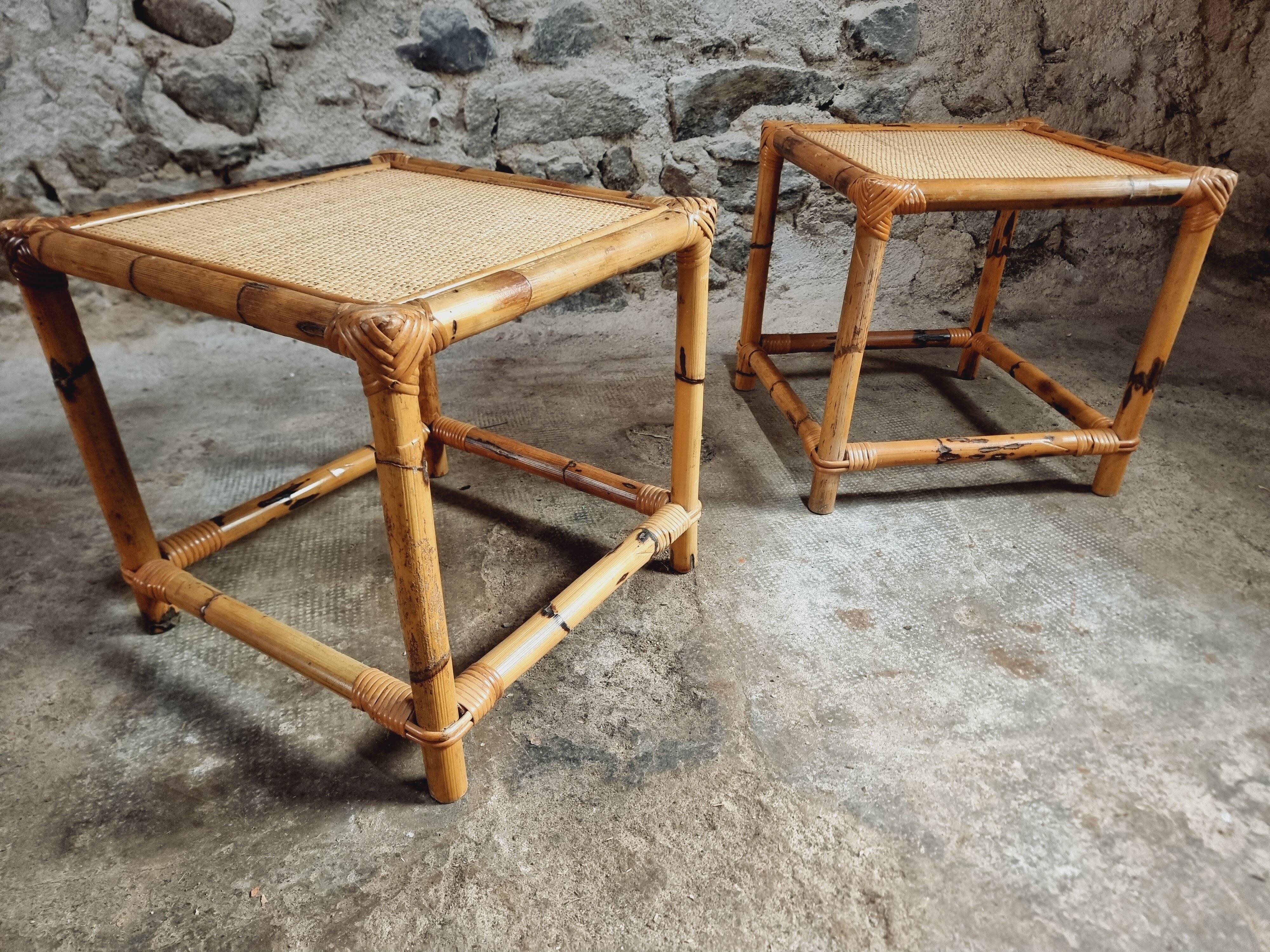 Vintage bamboo and rattan side tables – France, 1970s
