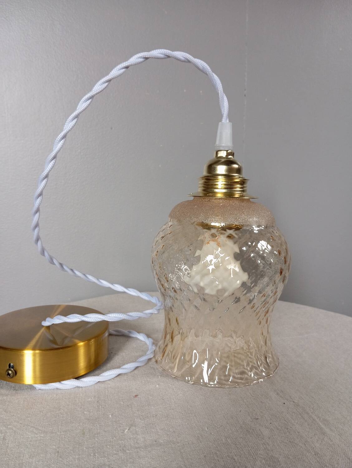 Vintage pendant light, textured amber and granite tulip glass, white twisted cord
