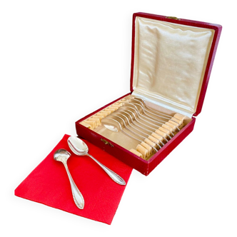 Coffret de 12 petites cuillères en argent vintage, argenterie ancienne.