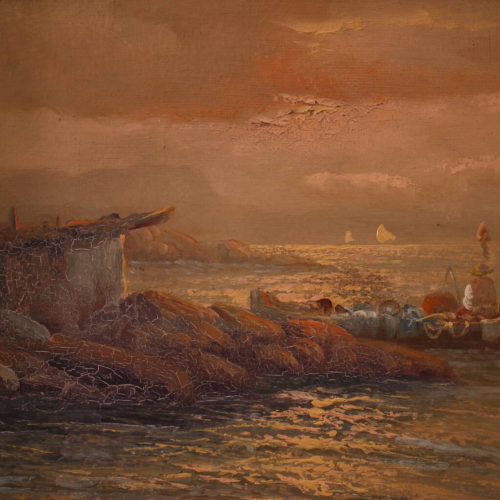Seascape painting signed by Remo Testa, fishermen at sunset