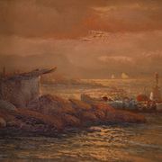 Seascape painting signed by Remo Testa, fishermen at sunset