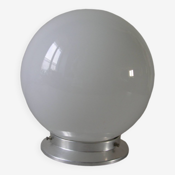 Ancien plafonnier luminaire globe boule sphère en opaline support en alu 21 cm