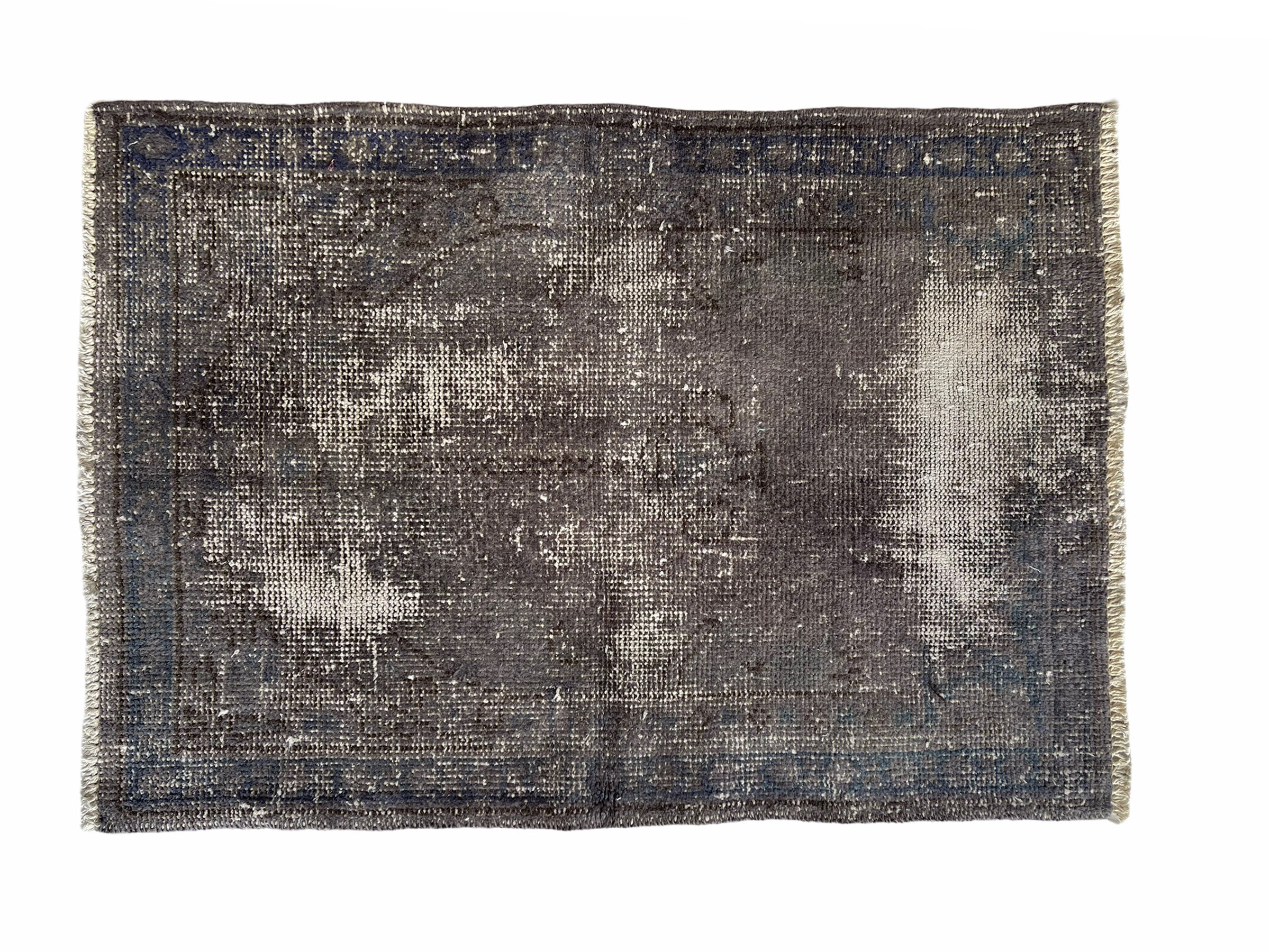 Distressed turkish rug 111x78 cm wool vintage rug, over-dyed gray