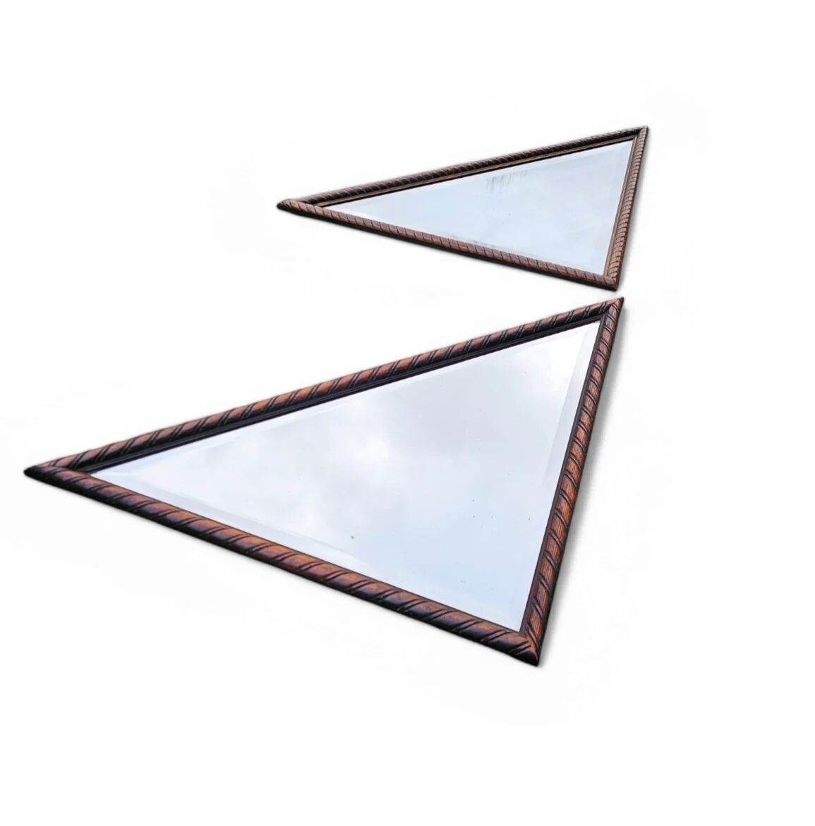 2 x miroirs triangulaires en bois de chêne / bords coupés à facettes