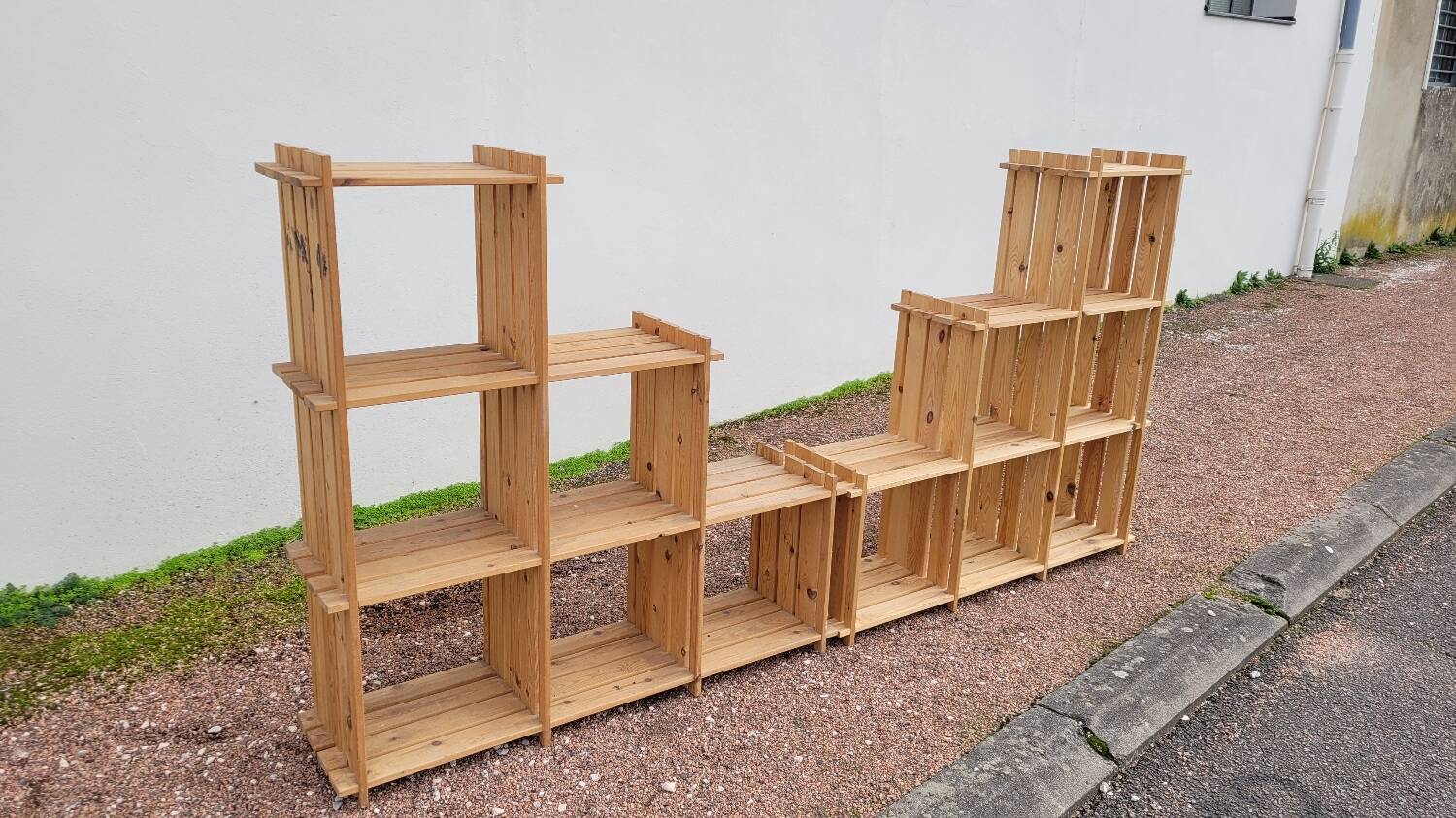Pair of vintage pine "staircase" bookcase shelves - 1970s