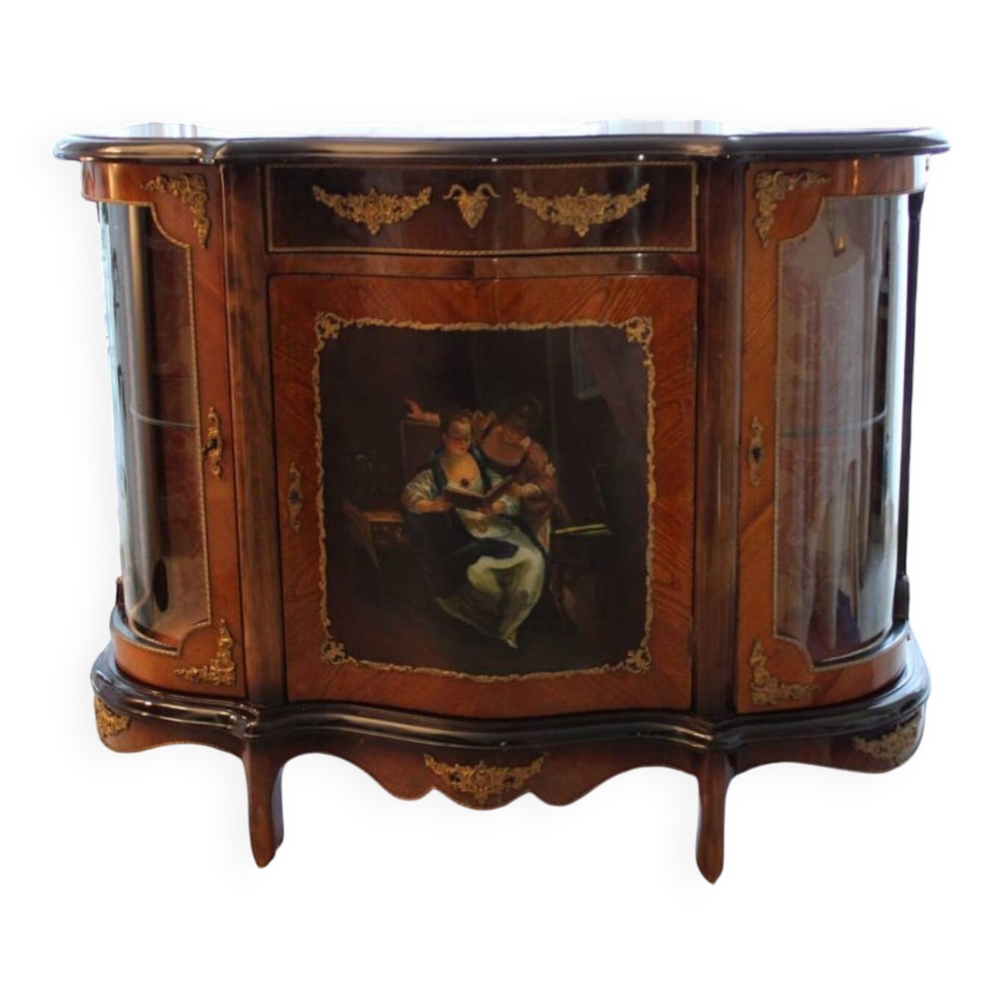 Buffet Louis XV – Peinture centrale et marqueterie bronze