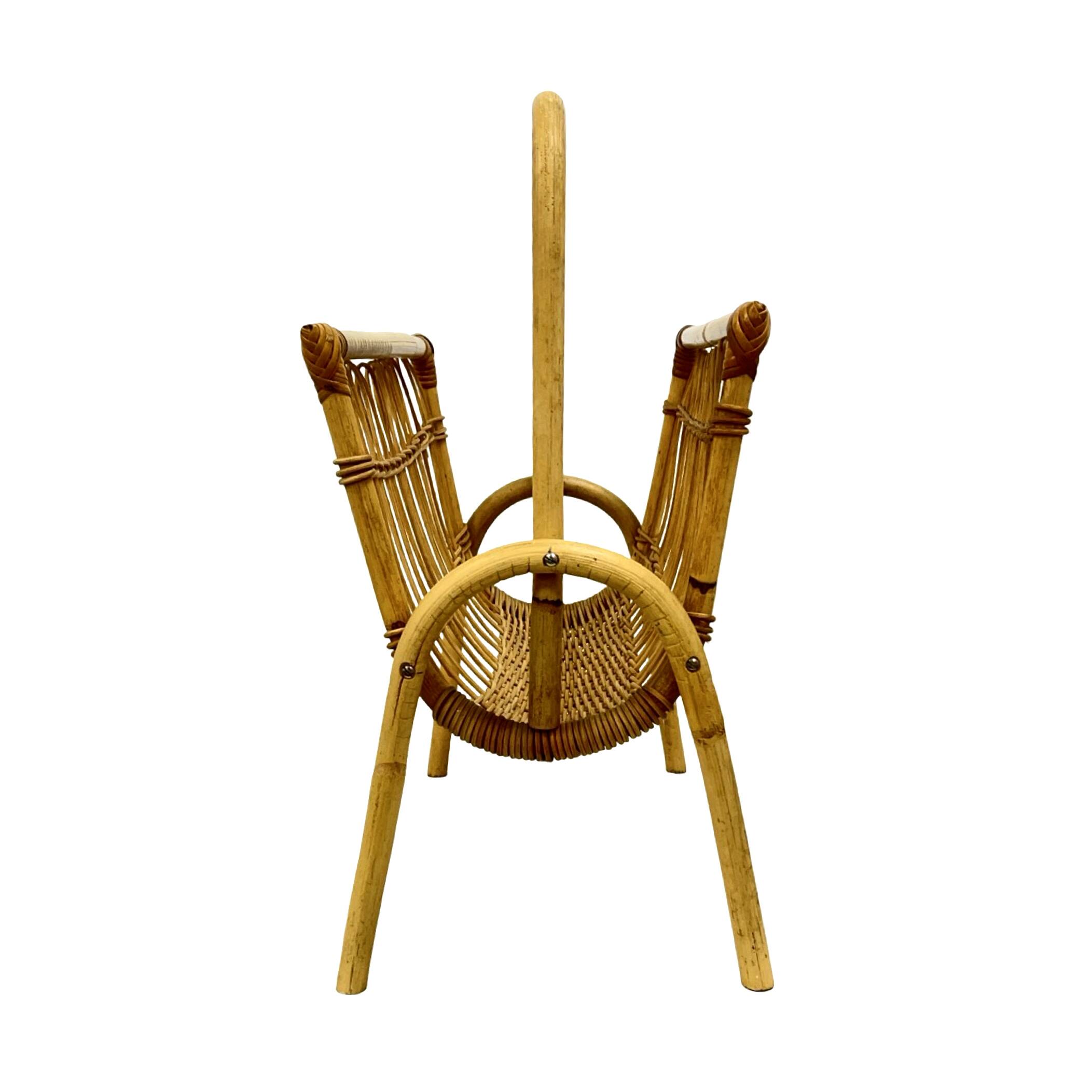 Vintage Wicker Newspaper Rack, Boho/PRL, Franco Albini Style, Italy 1970s