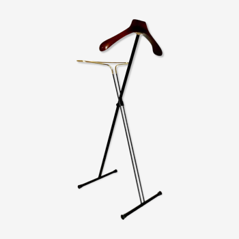Vintage folding valet stand in wood, iron and brass, Reguitti, Italy 1950s