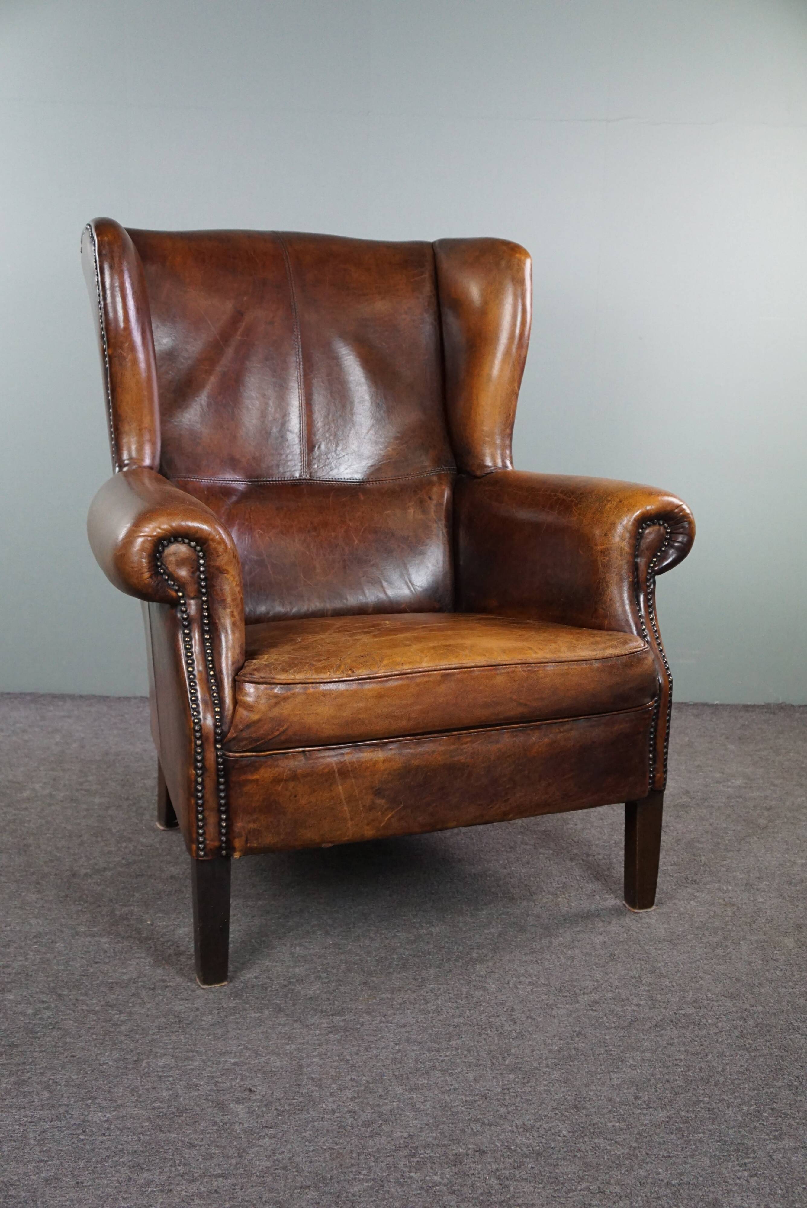 Dark wingback armchair made of sheep leather with stunning colors