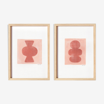 Duo de peintures rose sur papier, illustration abstraite m658 et m659, signé eawy