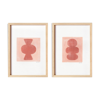 Duo of pink paintings on paper, abstract illustration M658 and M659, signed Eawy