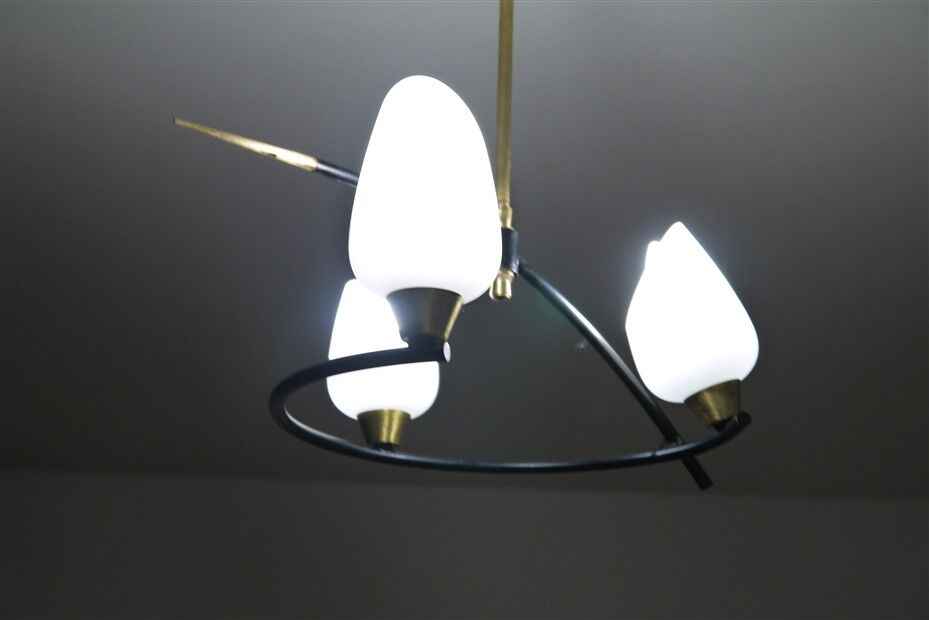 Vintage chandelier arlus in metal, opaline and brass 1950