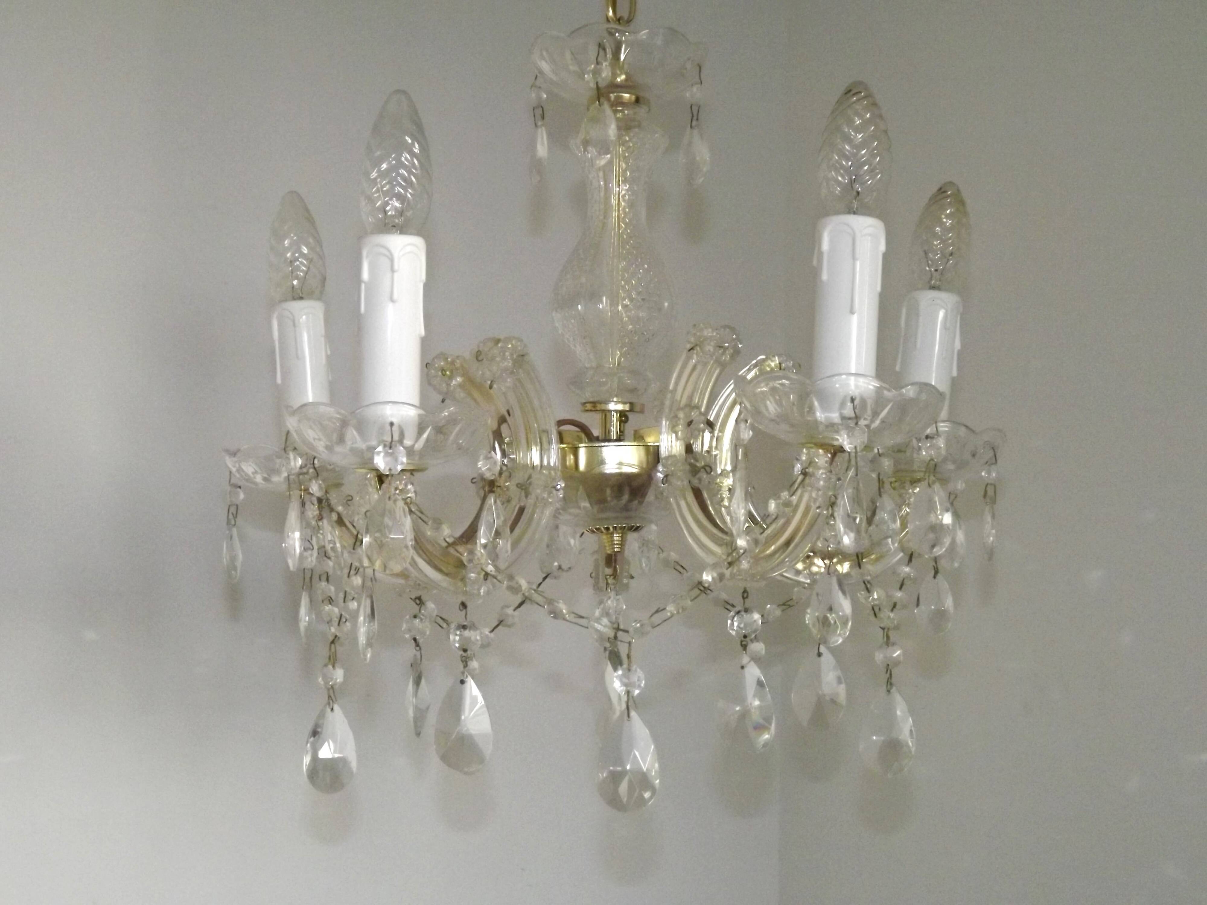 Vintage French Metal Crystal and Glass 5 Arm Paris Chic Style Chandelier