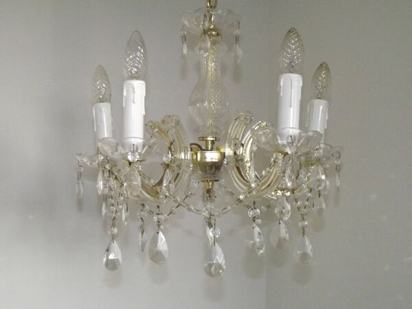 Vintage French Metal Crystal and Glass 5 Arm Paris Chic Style Chandelier