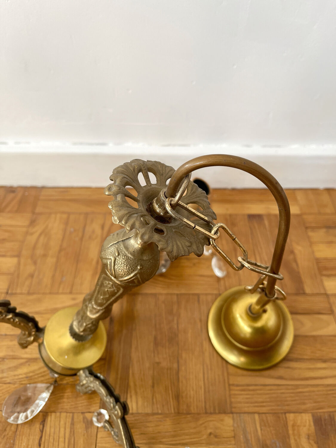 Antique 3-arm brass chandelier with tassels