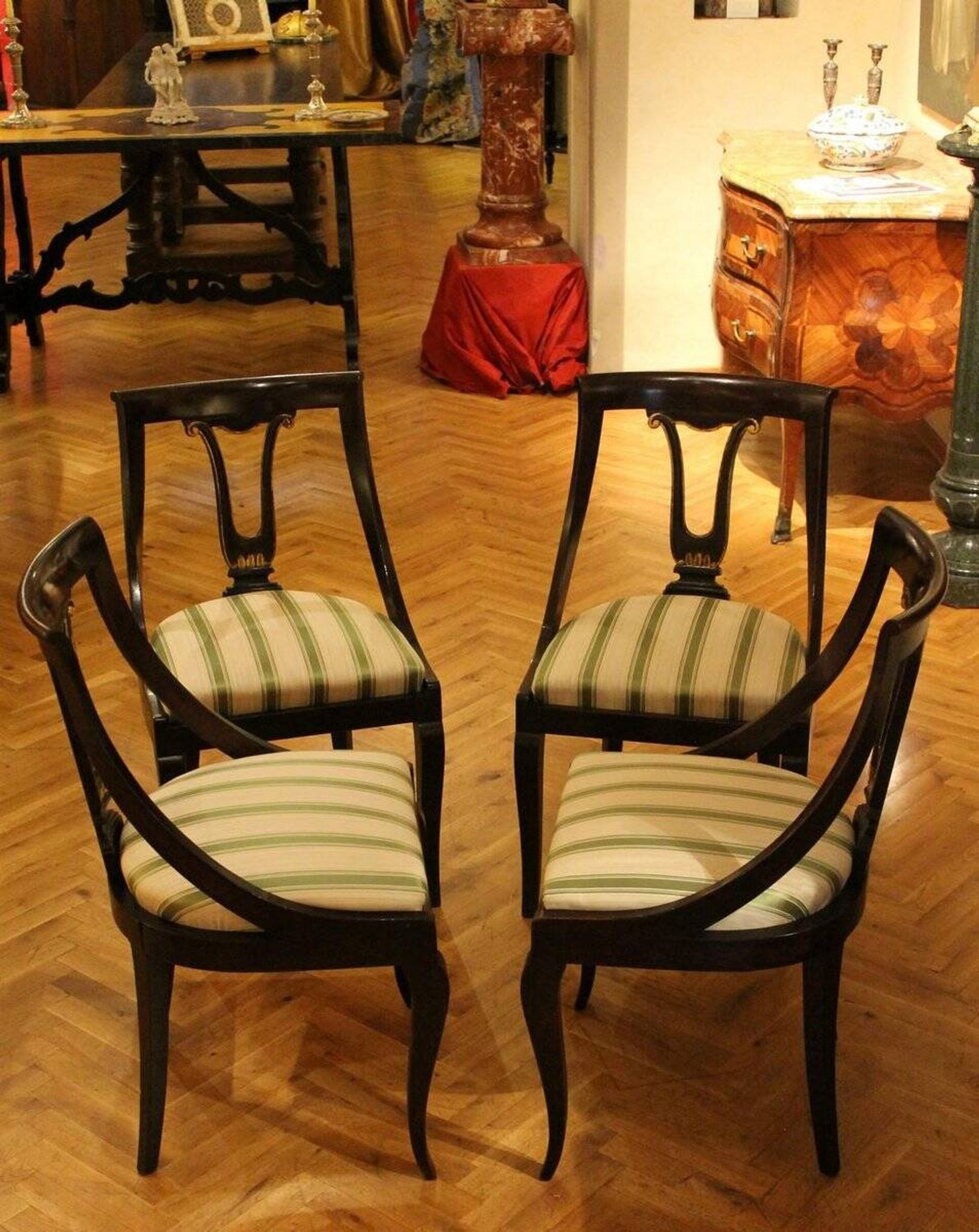 18th Century French Directoire Mahogany Chairs with Silk Blend Upholster Fabric, Set of 4