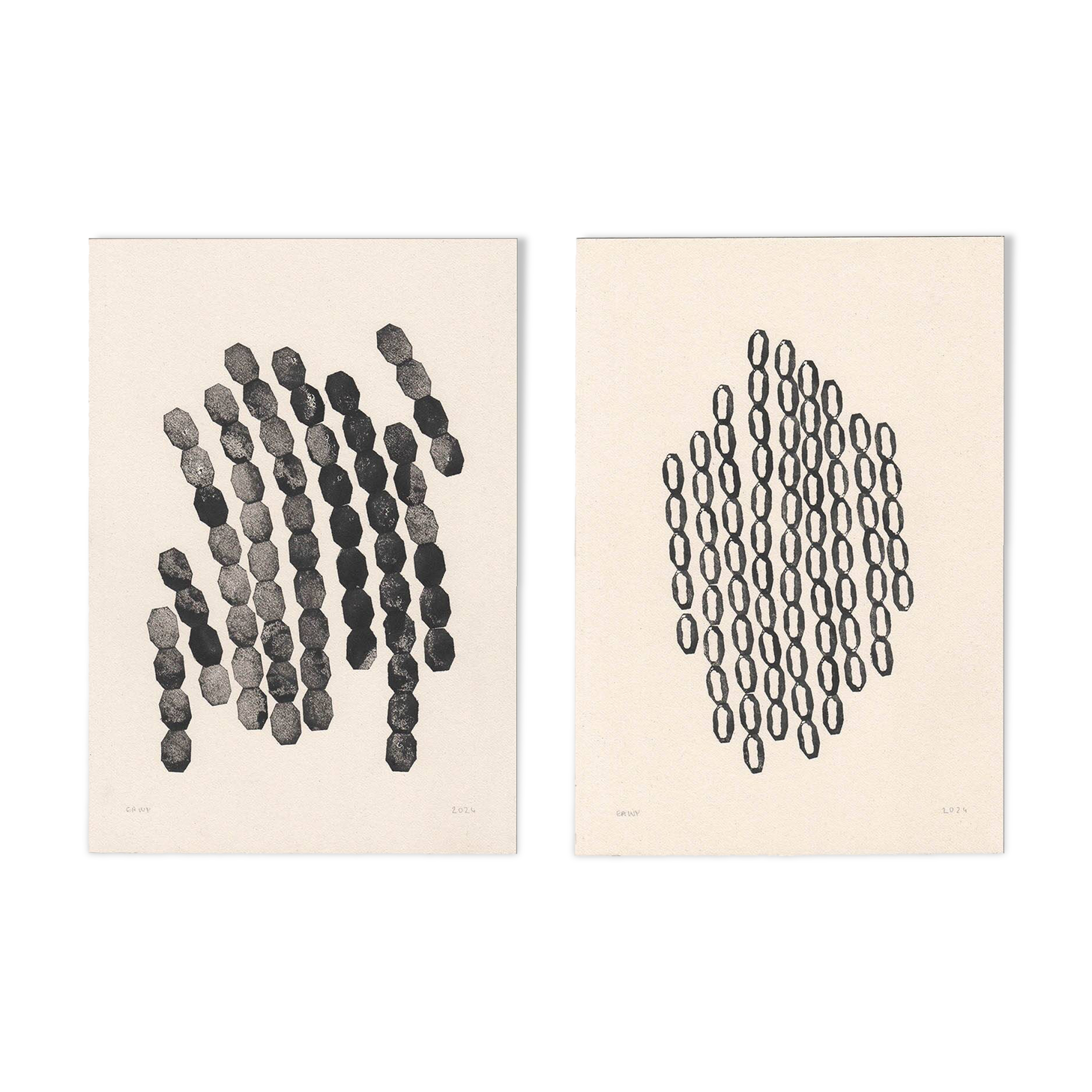 Duo of black abstract paintings signed eawy