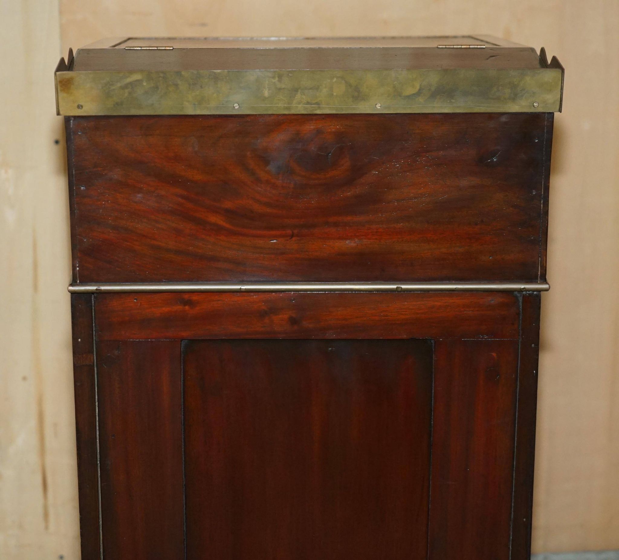 Victorian antique leather Davenport campaign desk with brass gallery.