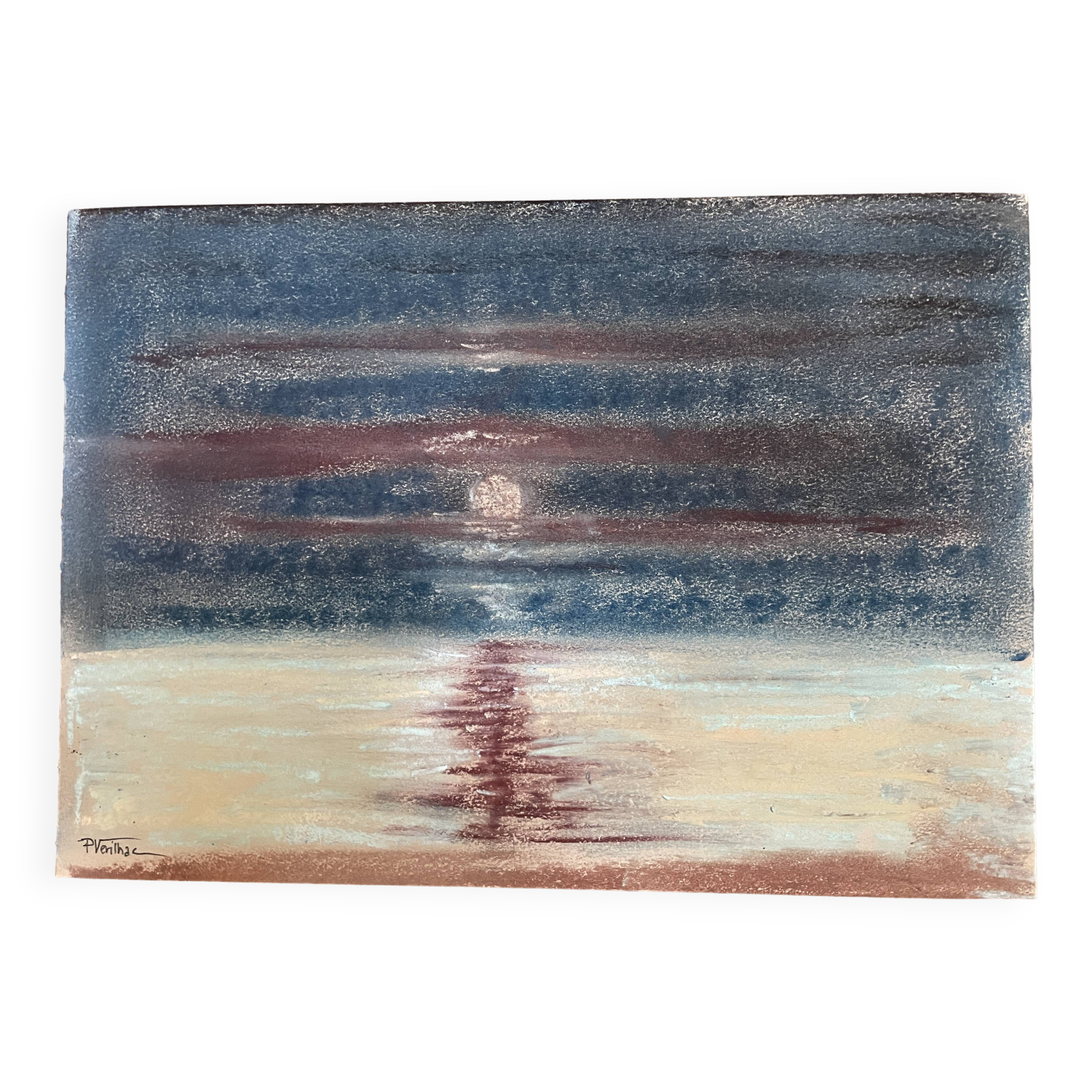 Signed pastel painting "sunset" Normandy