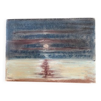 Signed pastel painting landscape "sunset" Normandy