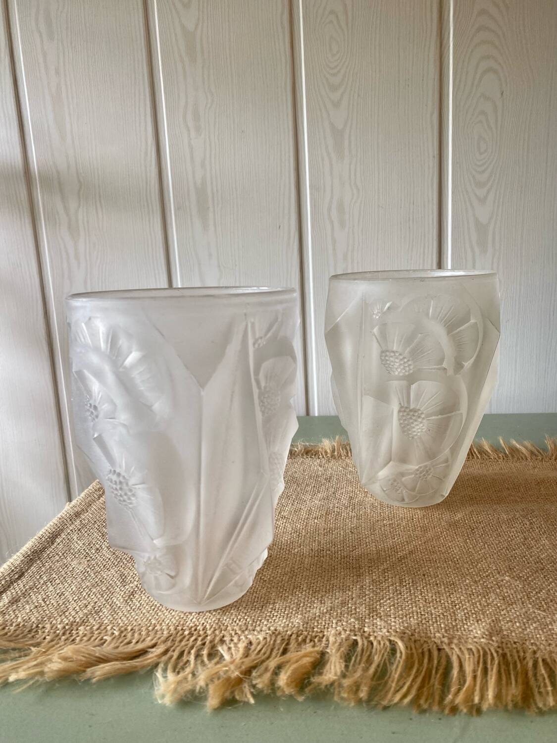 Pair of Art Deco lampshades in frosted glass signed Hubens