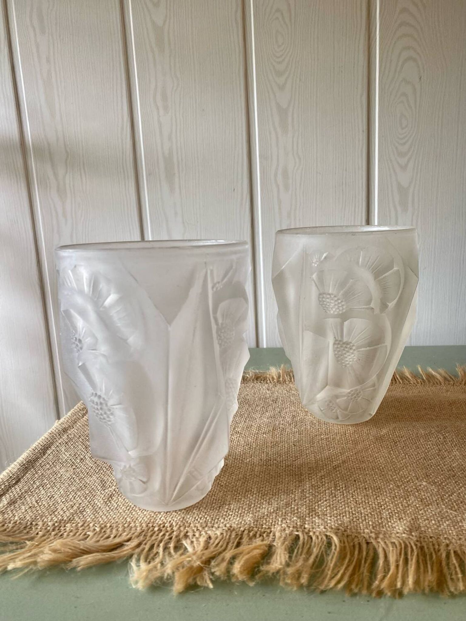 Pair of Art Deco lampshades in frosted glass signed Hubens