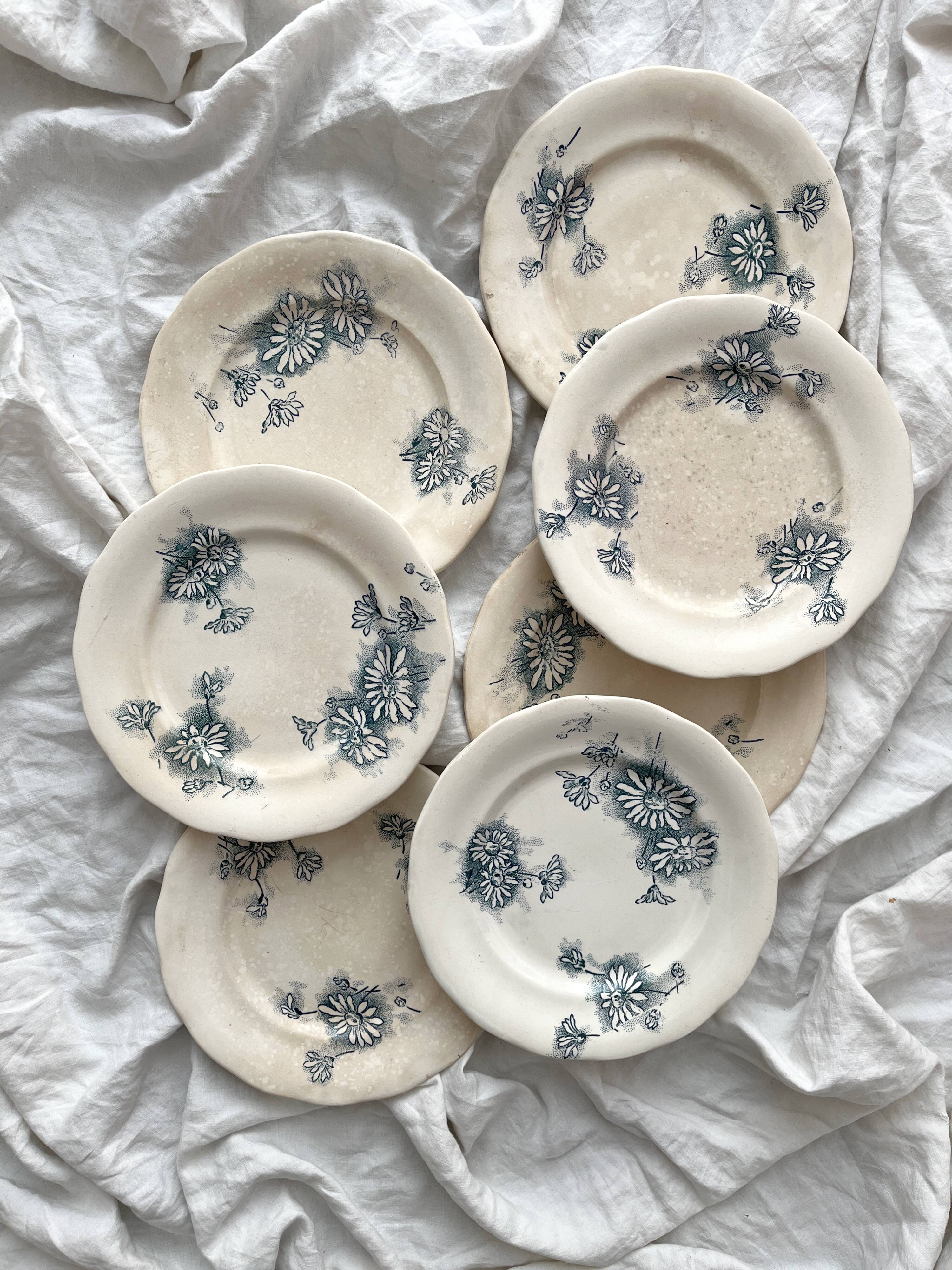 7 "Marguerite" ironstone dessert plates from the Nouvelle Givors pottery factory