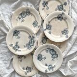 7 assiettes à dessert en terre de fer "Marguerite" faïencerie Nouvelle Givors