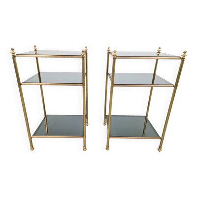 Tables d'appoint à 3 niveaux en laiton et verre fumé de Maison Jansen, années 1960, ensemble de 2.