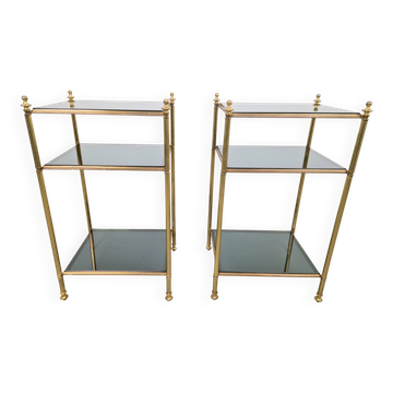 Tables d'appoint à 3 niveaux en laiton et verre fumé de Maison Jansen, années 1960, ensemble de 2.