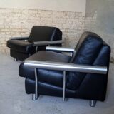 paire de fauteuils, cuir noir & inox, 1990
