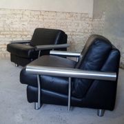 pair of armchairs, black leather & stainless steel, 1990