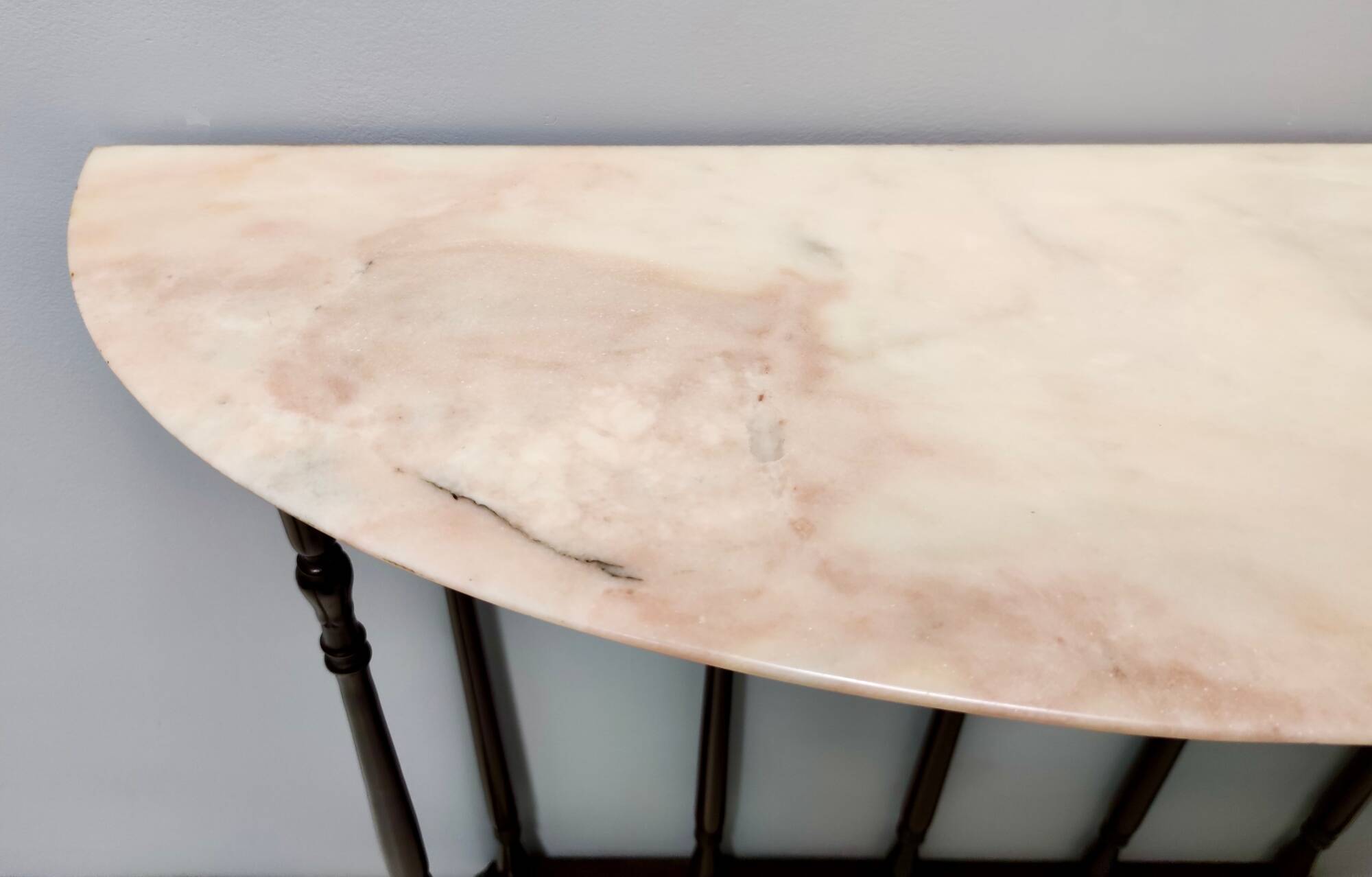Neoclassical Style Turned Beech Console Table with a Demilune Marble Top, Italy