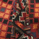 Deep Red Afghan Kilim Rug, Large Geometric Wool Handmade Carpet 200x337 cm