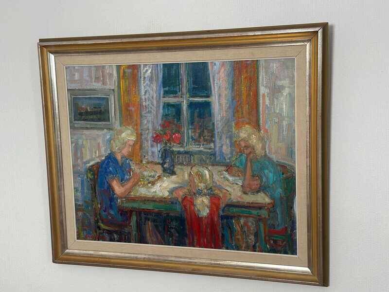 Original mid-century Swedish oil on canvas – “Family” by Eric With – vintage & framed – 75 × 91 cm (29.5" × 35.8")