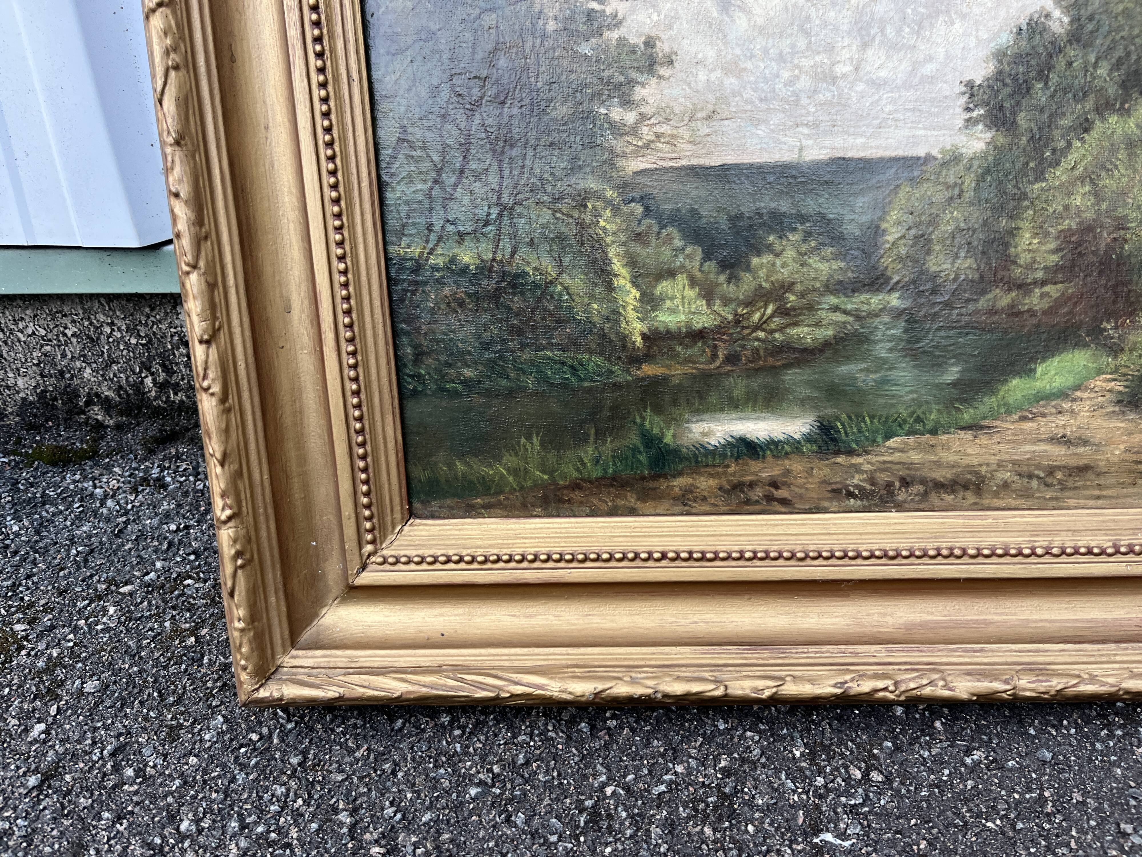 19th century painting, signed Vor Janin 1883 – Lively landscape by the water