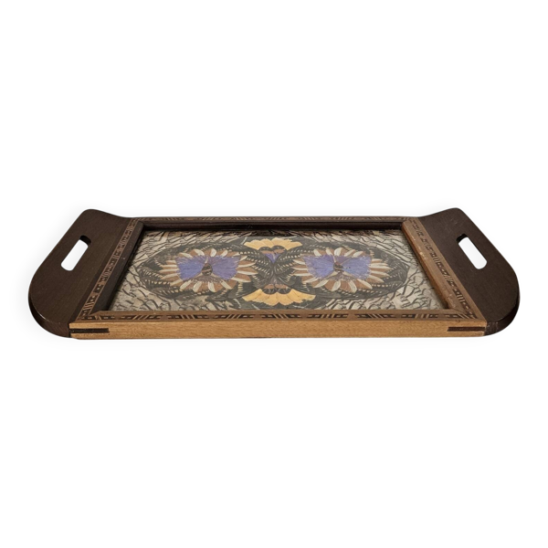 Plateau vintage en bois décor papillons