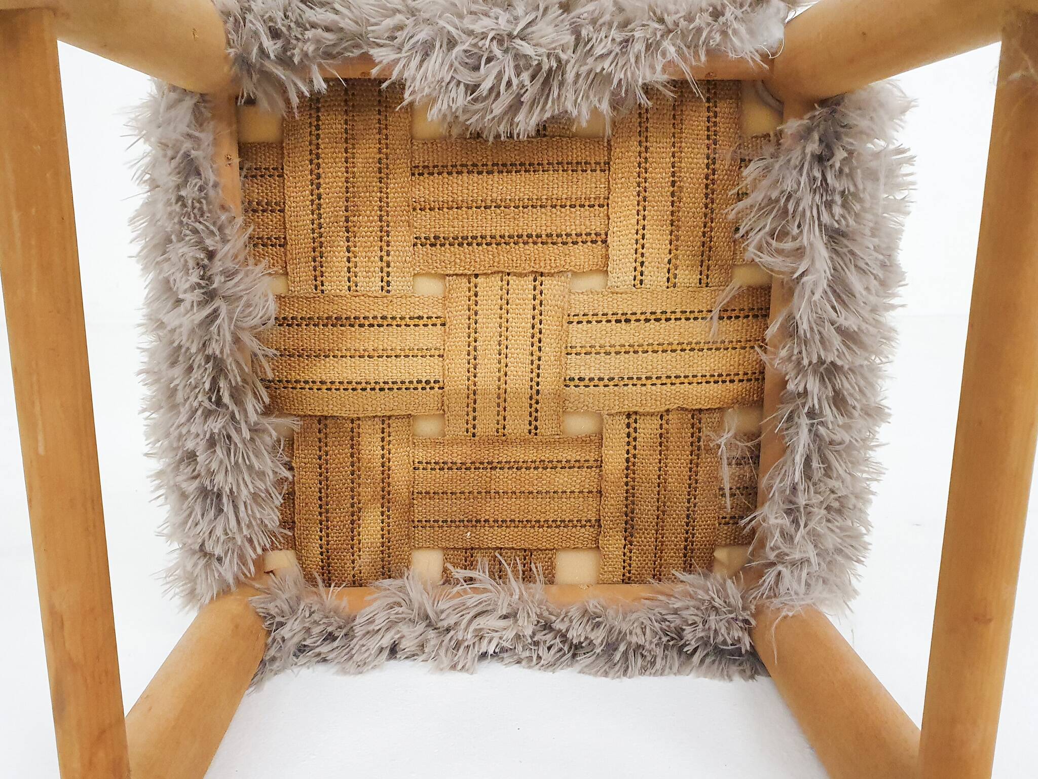 Mid-century wooden stool with fake-fur upholstery, Denmark 1960's