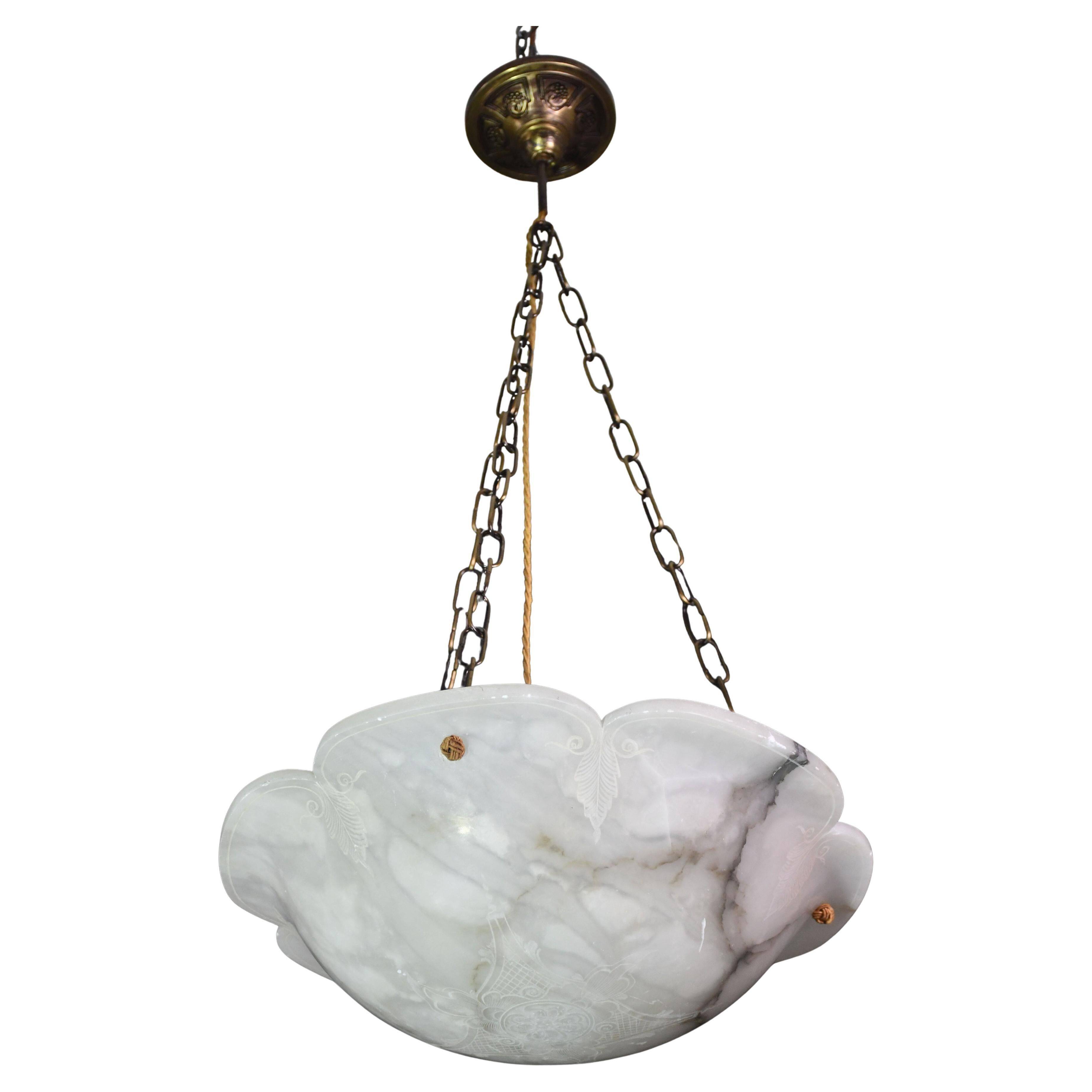 Great design extra large size Art Deco white alabaster chandelier, 1950s