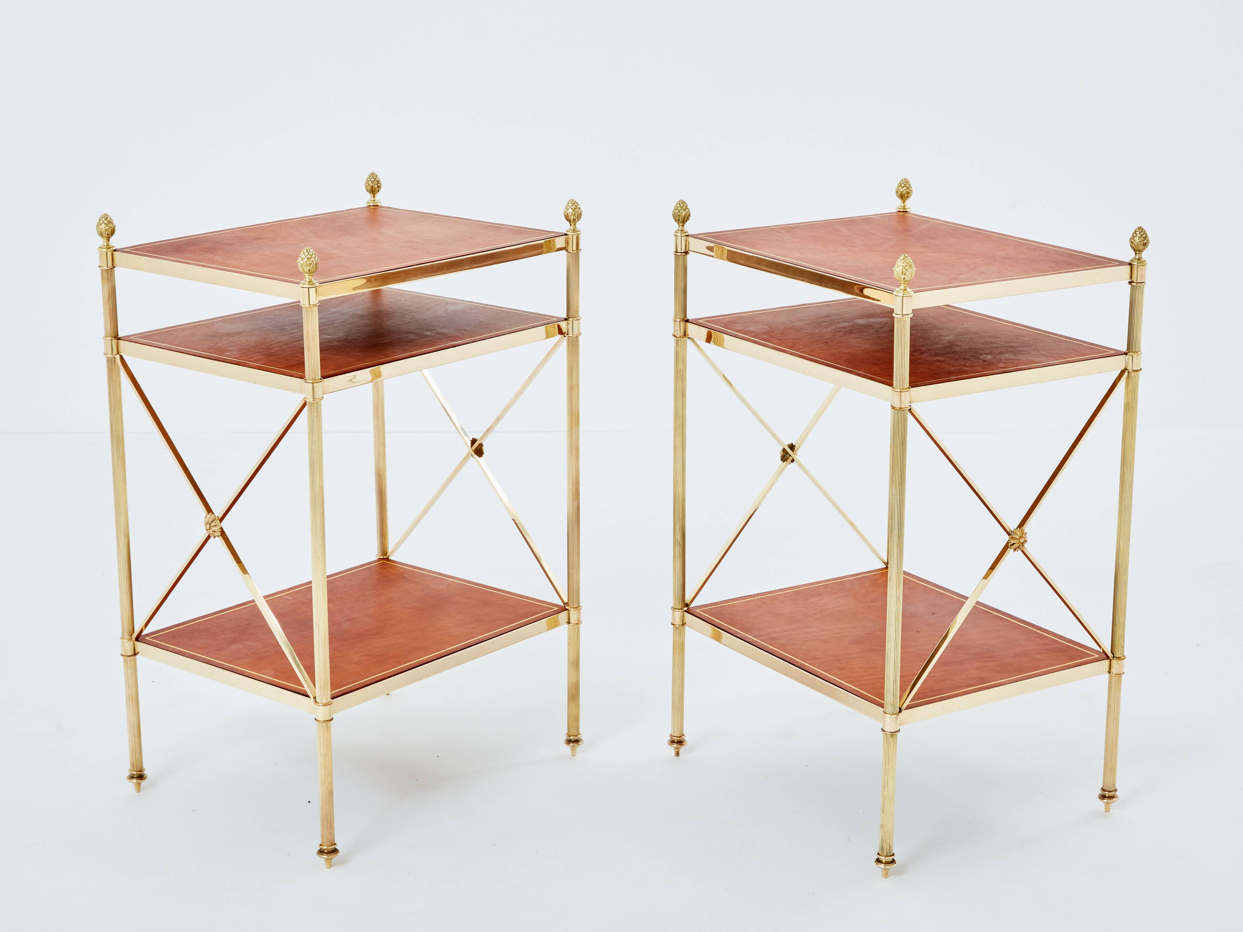 Pair of neoclassical brass leather side tables style Maison Jansen 1970
