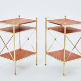 Pair of neoclassical brass leather side tables style Maison Jansen 1970