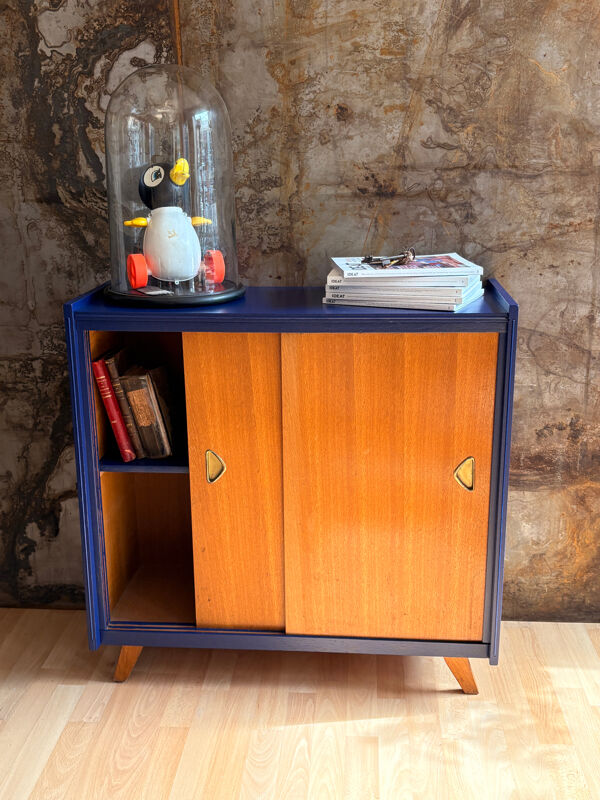 Buffet pieds compas bleu nuit & bois brut